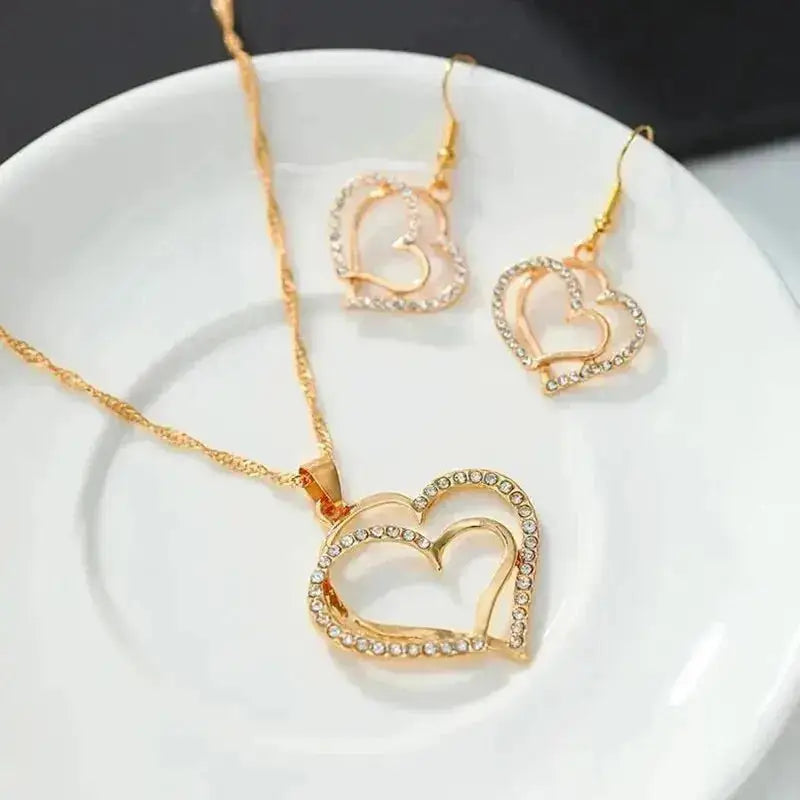 3 Pcs Set Heart Shaped Jewelry Set of Earrings Pendant Necklace for Women Exquisite Fashion Rhinestone Double Heart Jewelry Set - Comfortably chic