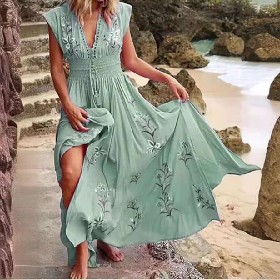 New V-neck Fringed Bohemian Print Long Skirt Summer Sleeveless Loose Casual Beach Dress - Comfortably chique