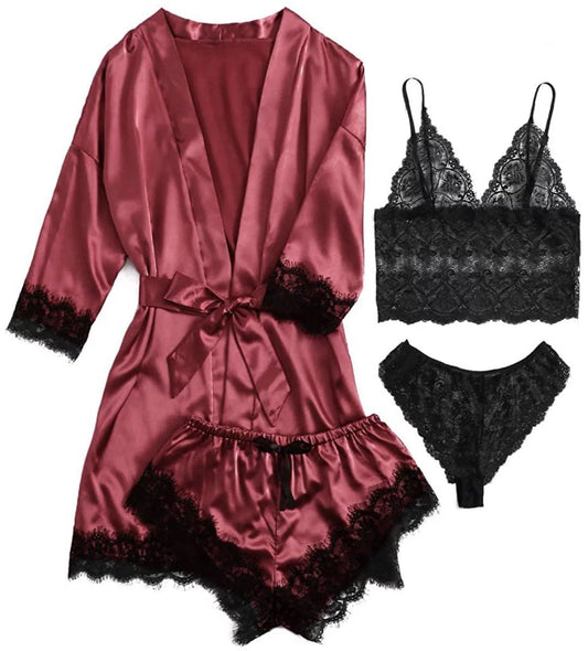 Sexy Lingerie,  Silk Satin Pajamas for Women, Womens Summer Pajamas Pjs Sets of 4 Pcs with Floral Lace Top Shorts and Robe, Gift for Women, Burgundy, L - Comfortably chic