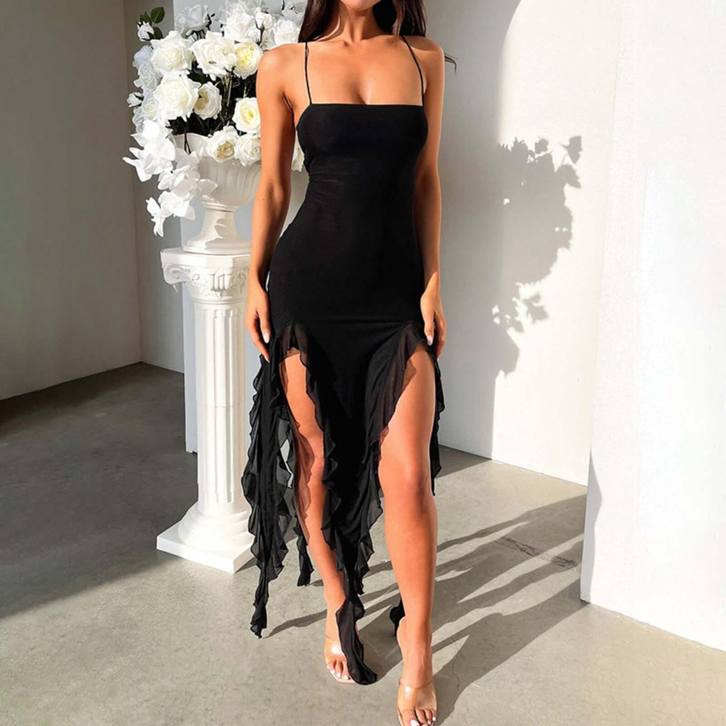 Sexy Suspender Tight Slim Skirt Fashion Split Ruffle Design Dress Summer Womens Clothing - Comfortably chique