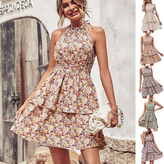Summer Printed Halter Dress Fashion Boho Backless Ruffled A-Line Beach Dresses For Womens Clothing - Comfortably chic