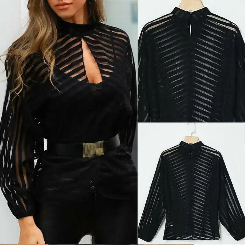 Women Mesh Net Blouse Sheer Long Sleeve Ladies Shirt Black Front Hollow Sexy Tops Womens Clothing Summer Female Blouses hot - Comfortably chic