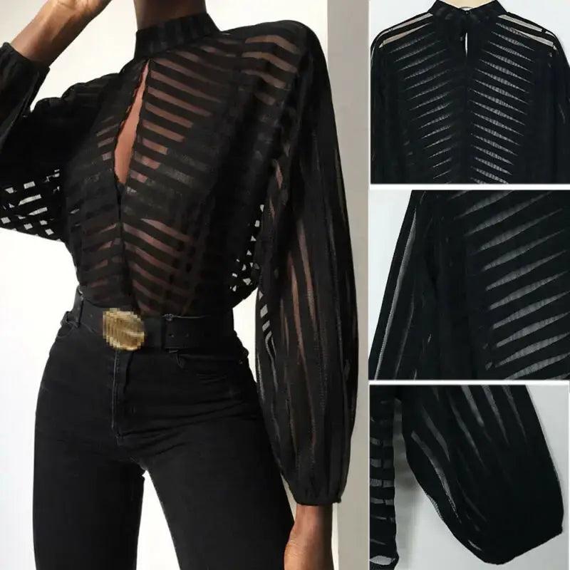 Women Mesh Net Blouse Sheer Long Sleeve Ladies Shirt Black Front Hollow Sexy Tops Womens Clothing Summer Female Blouses hot - Comfortably chic