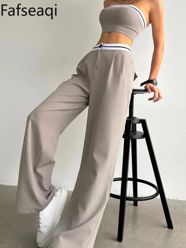 Sexy Women's Tracksuit with Boob Tube Top Slash Neck Contrast Color Wide Leg Trousers Sports Suit for Women Two Piece Set Outfit - Comfortably chic