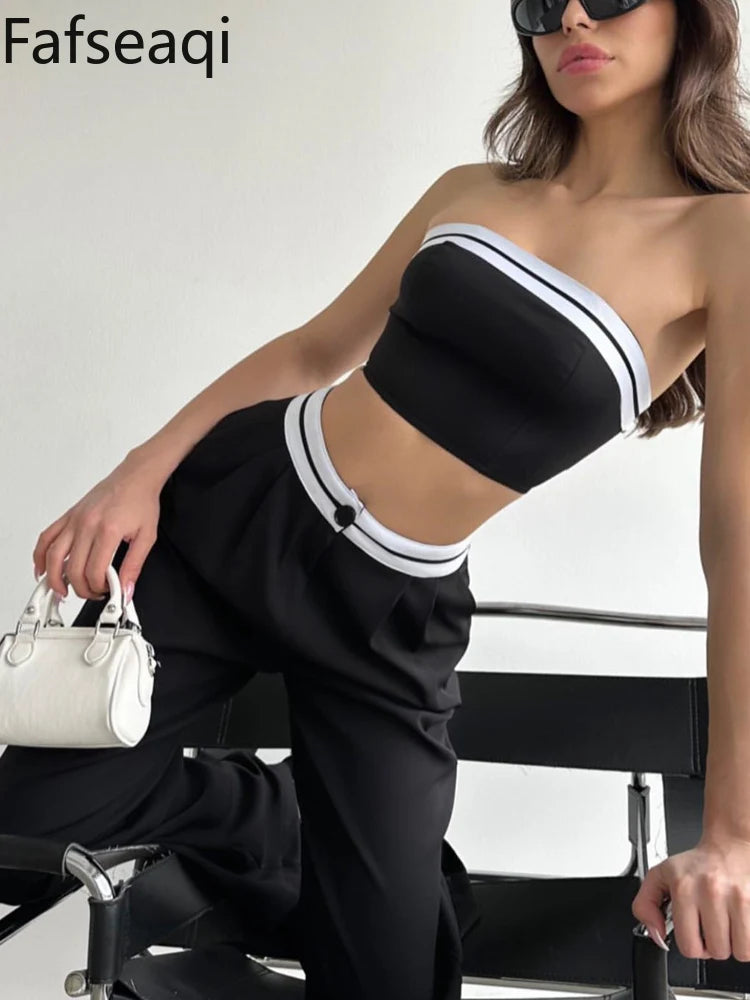 Sexy Women's Tracksuit with Boob Tube Top Slash Neck Contrast Color Wide Leg Trousers Sports Suit for Women Two Piece Set Outfit - Comfortably chic