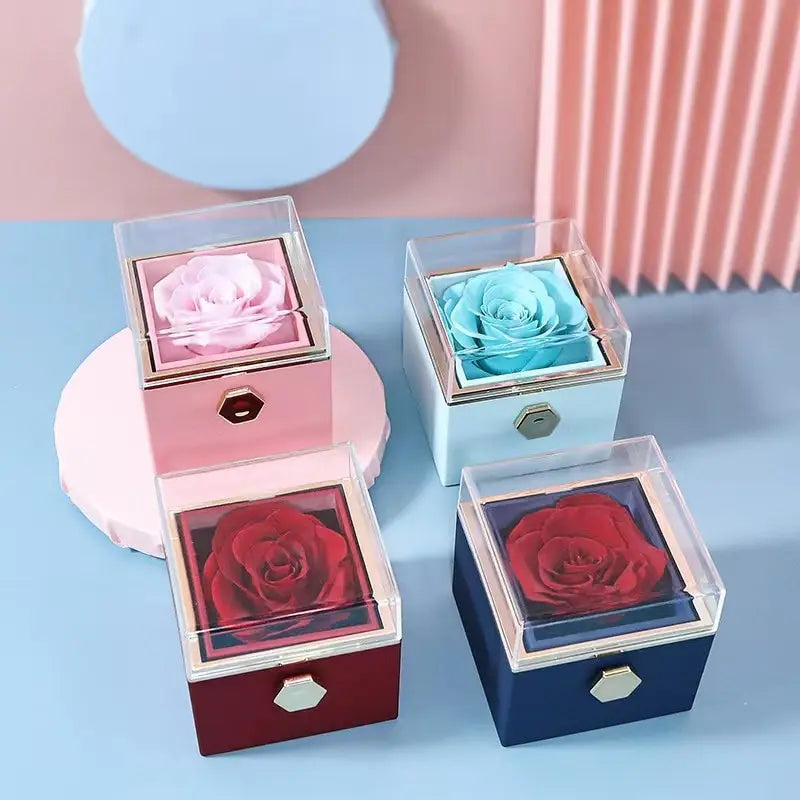Rotating Rose Gift Box Acrylic Ring Necklace Flower Jewelry Box