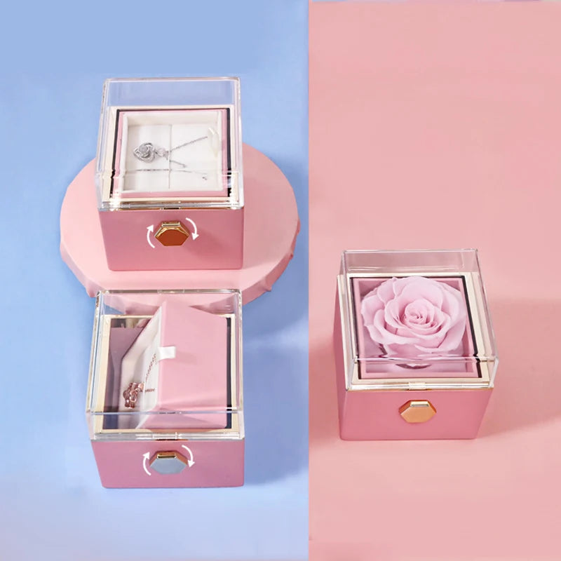 Rotating Rose Gift Box Acrylic Ring Necklace Flower Jewelry Box