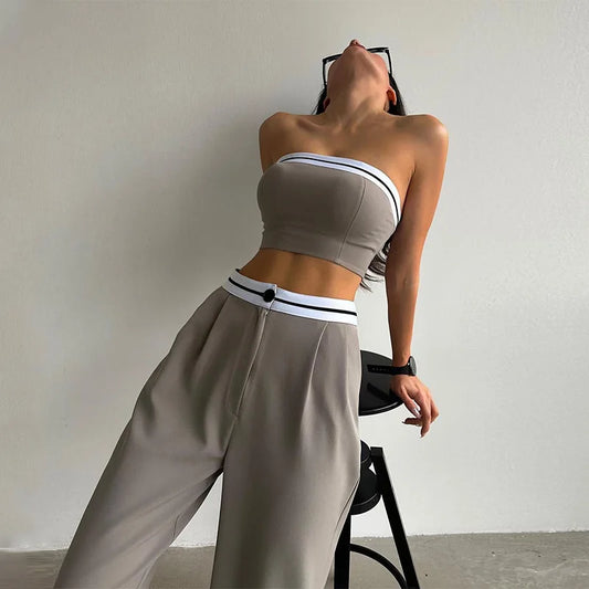 Women's Sexy And Fashionable Pants Set Spring/Summer Spicy Girls Sports Tube Top+High Waist Wide Leg 2 Piece Pant Suit S-2XL