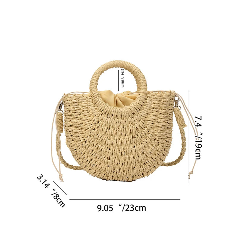 Handwoven Straw Rattan Half-Moon Beach Handbag Large Capacity Women Summer Hollow Out Crossbody Shoulder Bag
