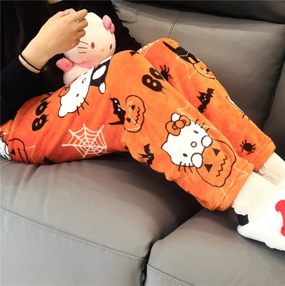 Hello Kitty Sanrio Pajama Pants Cartoon Kawaii Women Casual Home Pants Anime Y2K Flannel Soft Trousers Halloween Cute Girl Gift
