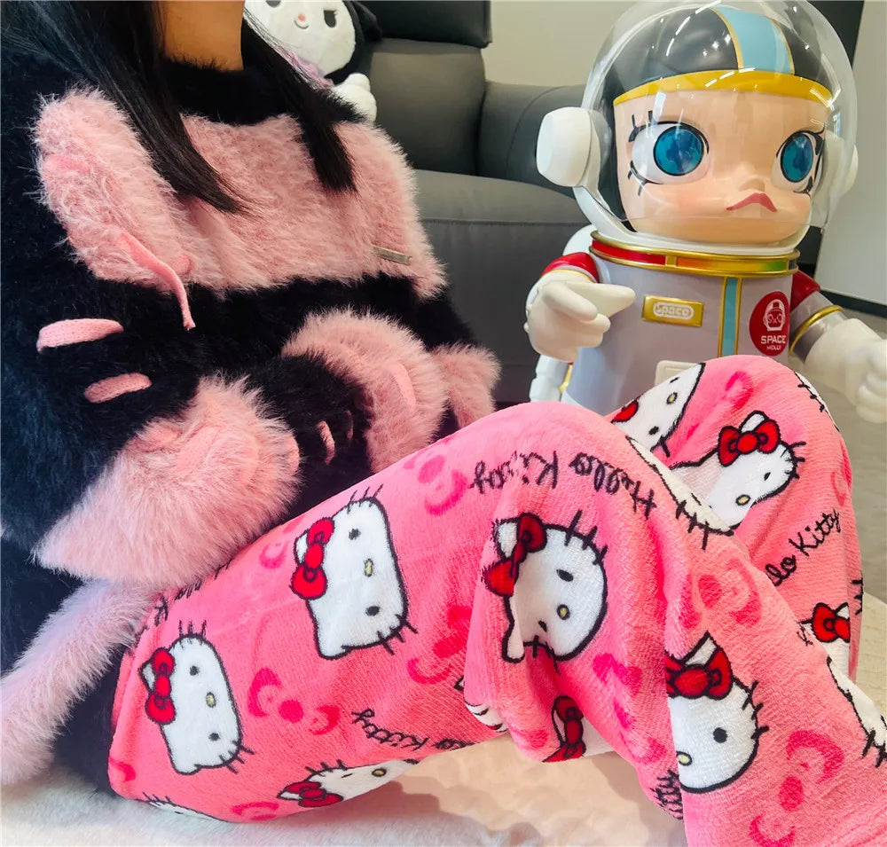 Hello Kitty Sanrio Pajama Pants Cartoon Kawaii Women Casual Home Pants Anime Y2K Flannel Soft Trousers Halloween Cute Girl Gift