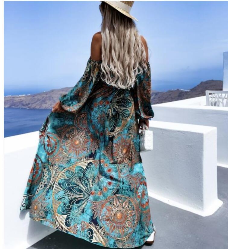 Europe and the United States summer new line collar long sleeve chest print long dress