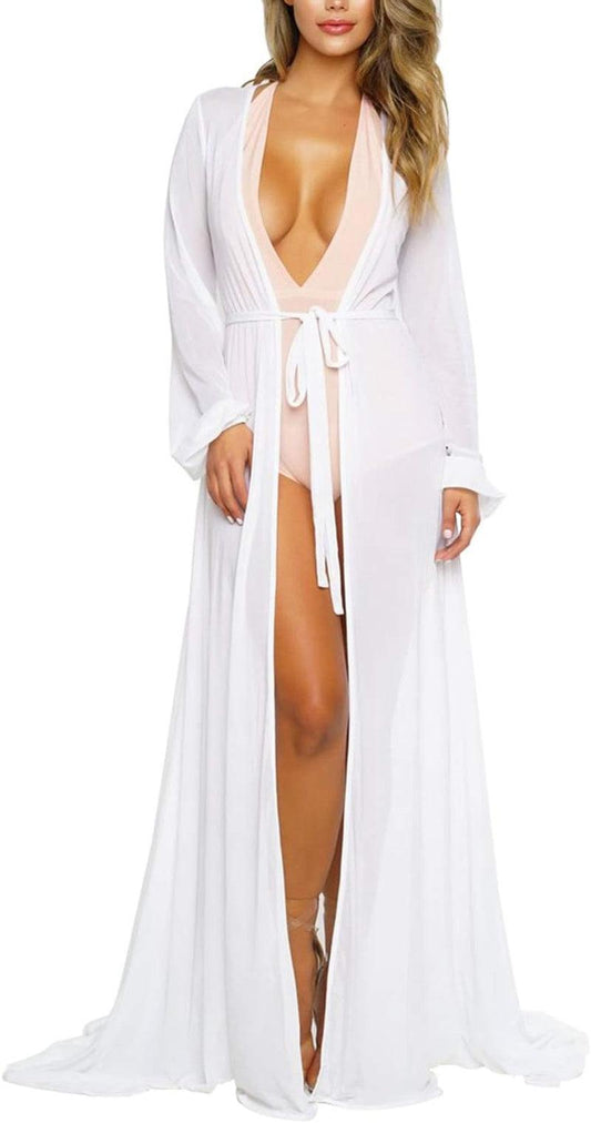 Women'S Sexy Thin Mesh Long Sleeve Tie Front Swimsuit Swim Beach Maxi Cover up Dress - Comfortably chic