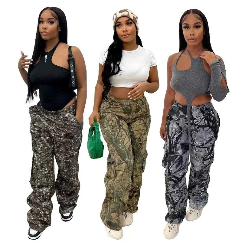 Camouflage Women Cargo Pants Mid Waist Side Pocket Wide-Leg Trousers Hip-Hop Streetwear Y2K Club Fashion Women Clothing - Comfortably chic