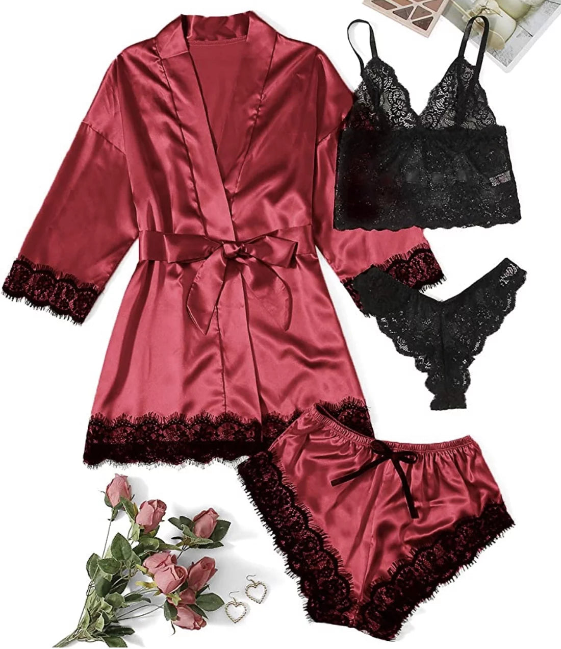 Sexy Lingerie,  Silk Satin Pajamas for Women, Womens Summer Pajamas Pjs Sets of 4 Pcs with Floral Lace Top Shorts and Robe, Gift for Women, Burgundy, L - Comfortably chic