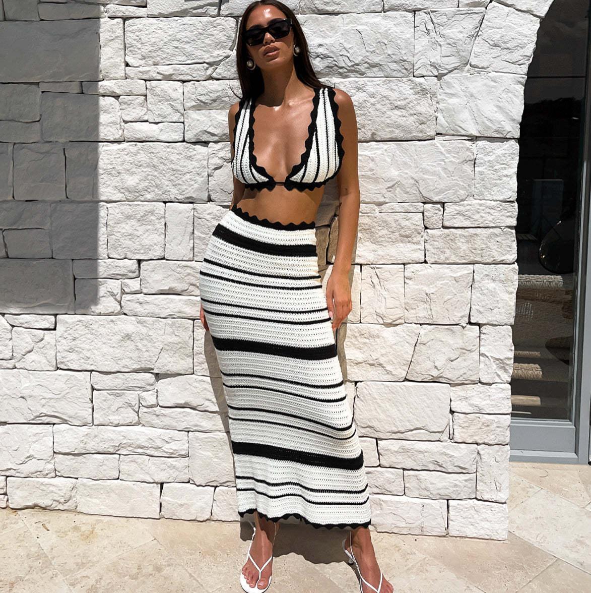 2pcs Striped Bikini Casual Vest Sling Top Suit Beach Summer Y2K Long Dress Suits For Women - Comfortably chique