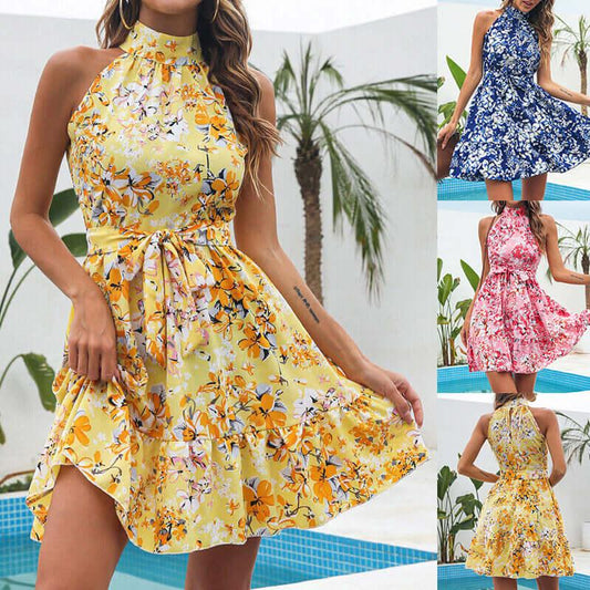 New Flowers Print Halterneck Dress Summer Fashion Temperament Lace-up Ruffled Dresses For Women - Comfortably chique