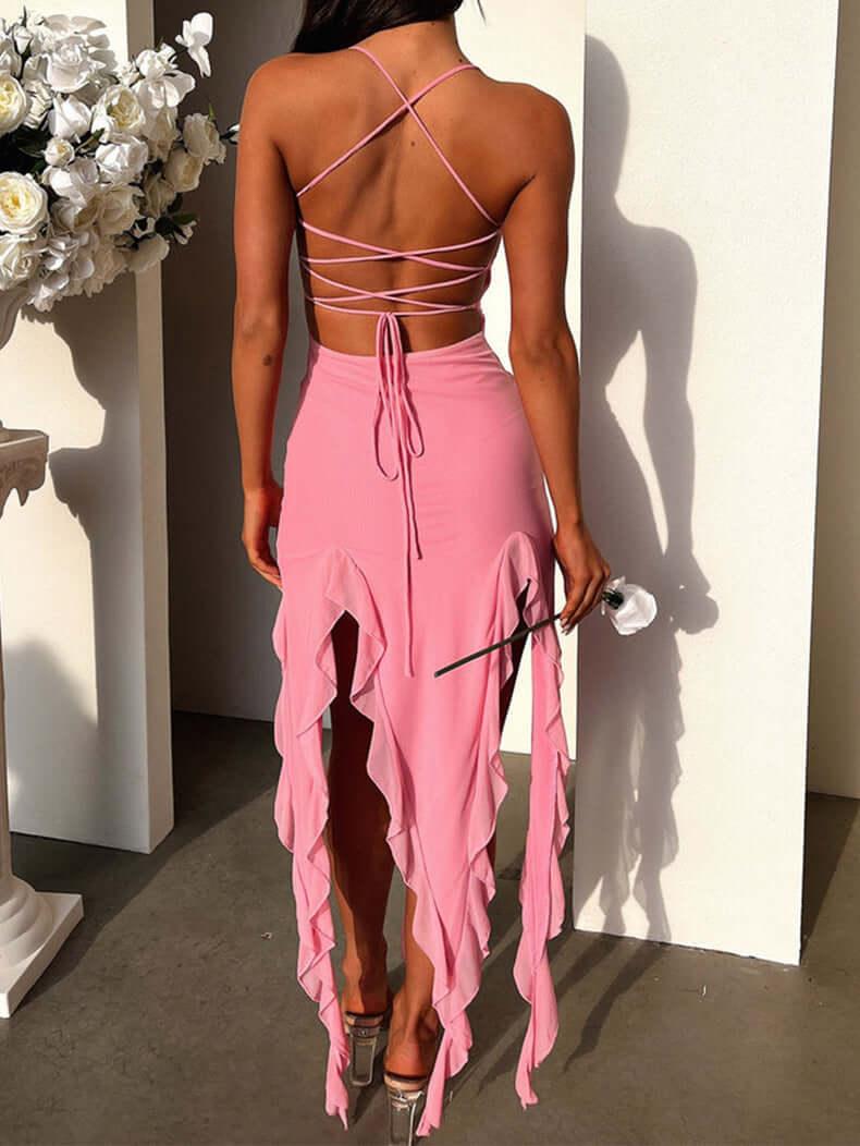 Sexy Suspender Tight Slim Skirt Fashion Split Ruffle Design Dress Summer Womens Clothing - Comfortably chique