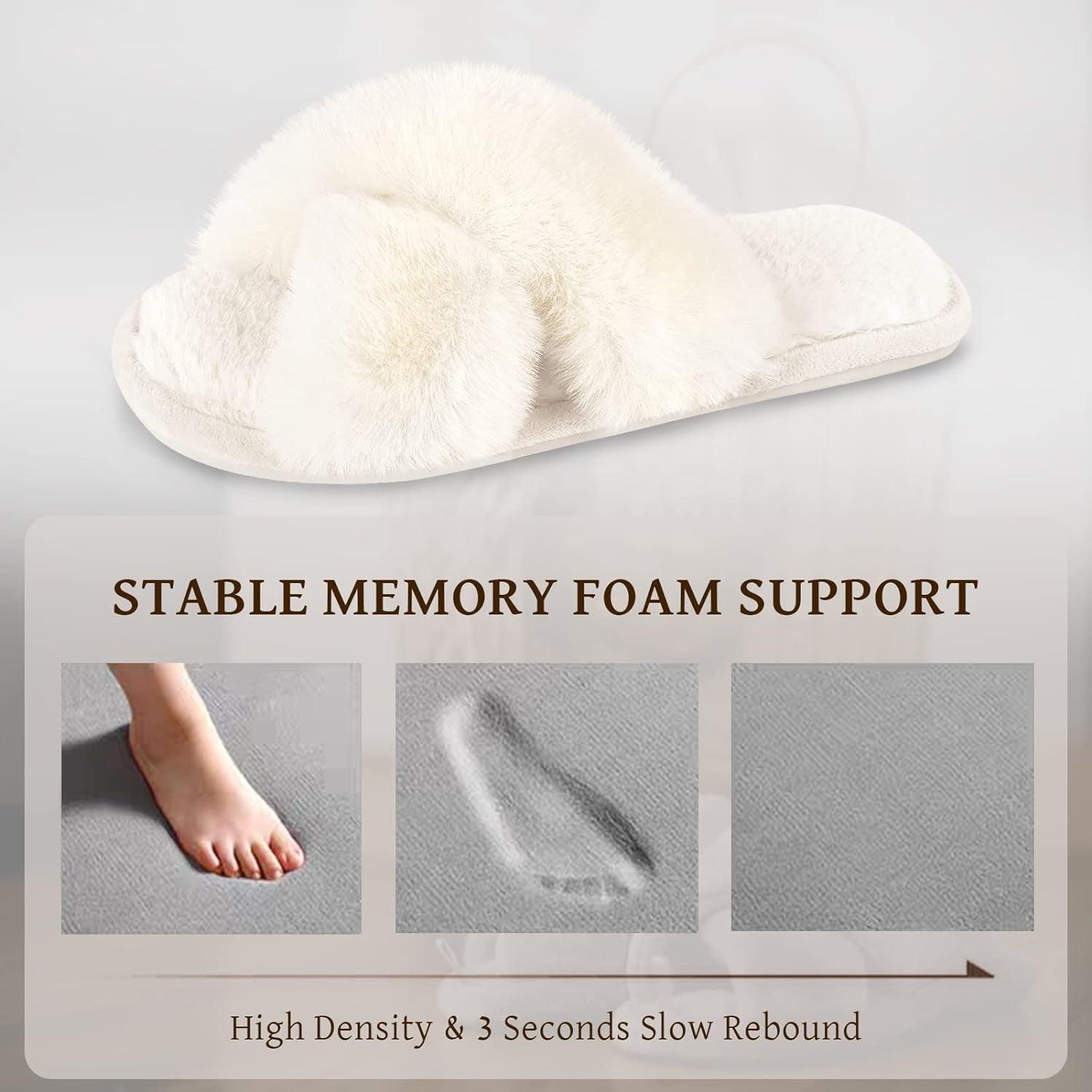 Womens Cross Band Slippers Cozy Furry Fuzzy House Slippers Open Toe Fluffy Indoor Shoes Outdoor Slip on Warm Breathable Anti-Skid Sole - Comfortably chic
