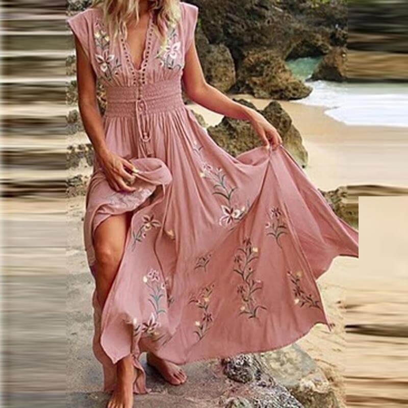New V-neck Fringed Bohemian Print Long Skirt Summer Sleeveless Loose Casual Beach Dress - Comfortably chique