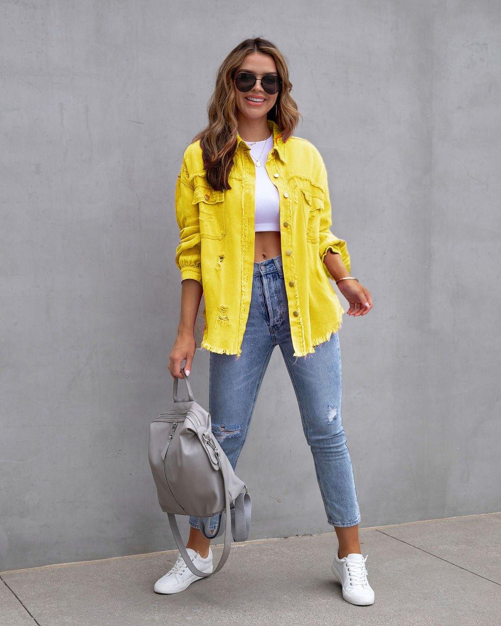 Fashion Ripped Shirt Jacket Female Autumn And Spring Casual Tops Womens Clothing - Comfortably chic