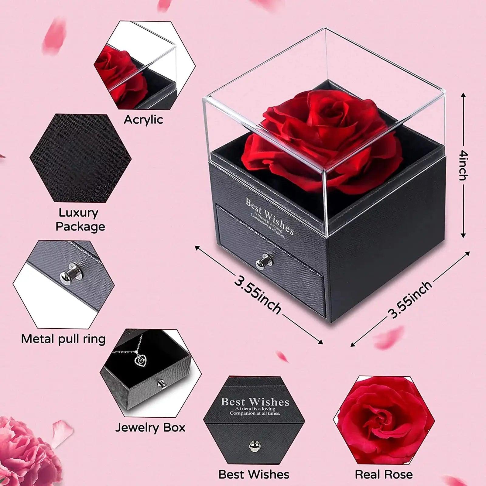 Mothers Day Gifts for Mom - Preserved Real Rose with Necklace, Eternal Rose Flower with Jewelry Storage Box, Love You Necklace in 100 Languages, Gifts for Christmas Birthday Valentines Day - Comfortably chic