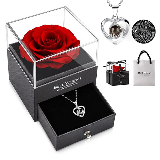 Mothers Day Gifts for Mom - Preserved Real Rose with Necklace, Eternal Rose Flower with Jewelry Storage Box, Love You Necklace in 100 Languages, Gifts for Christmas Birthday Valentines Day - Comfortably chic