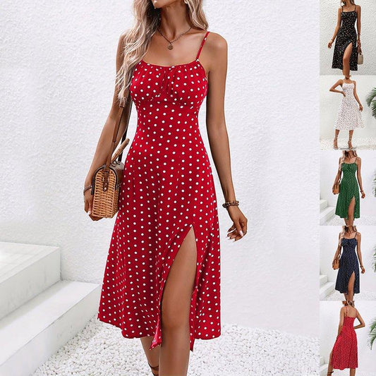 New Polka Dot Print Suspender Dress Summer Sexy Slit Long Dresses For Womens Clothing - Comfortably chic