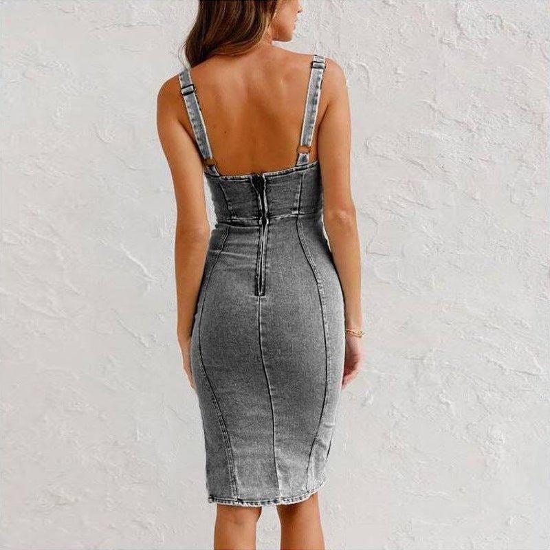 New U-neck Suspender Denim Dress Summer Casual Tight Slim Fit Dresses With Slit Design Womens Clothing - Comfortably chic