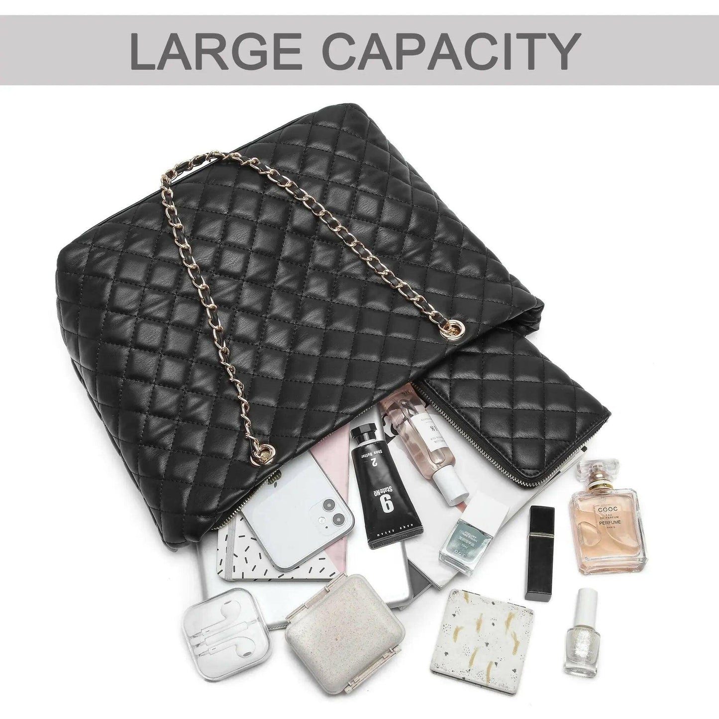 Poppy Quilted Women Handbags Purses Leather Tote Bag Satchel Wallet Set 2Pcs Chain Strap Shoulder Bag Classic - Comfortably chic