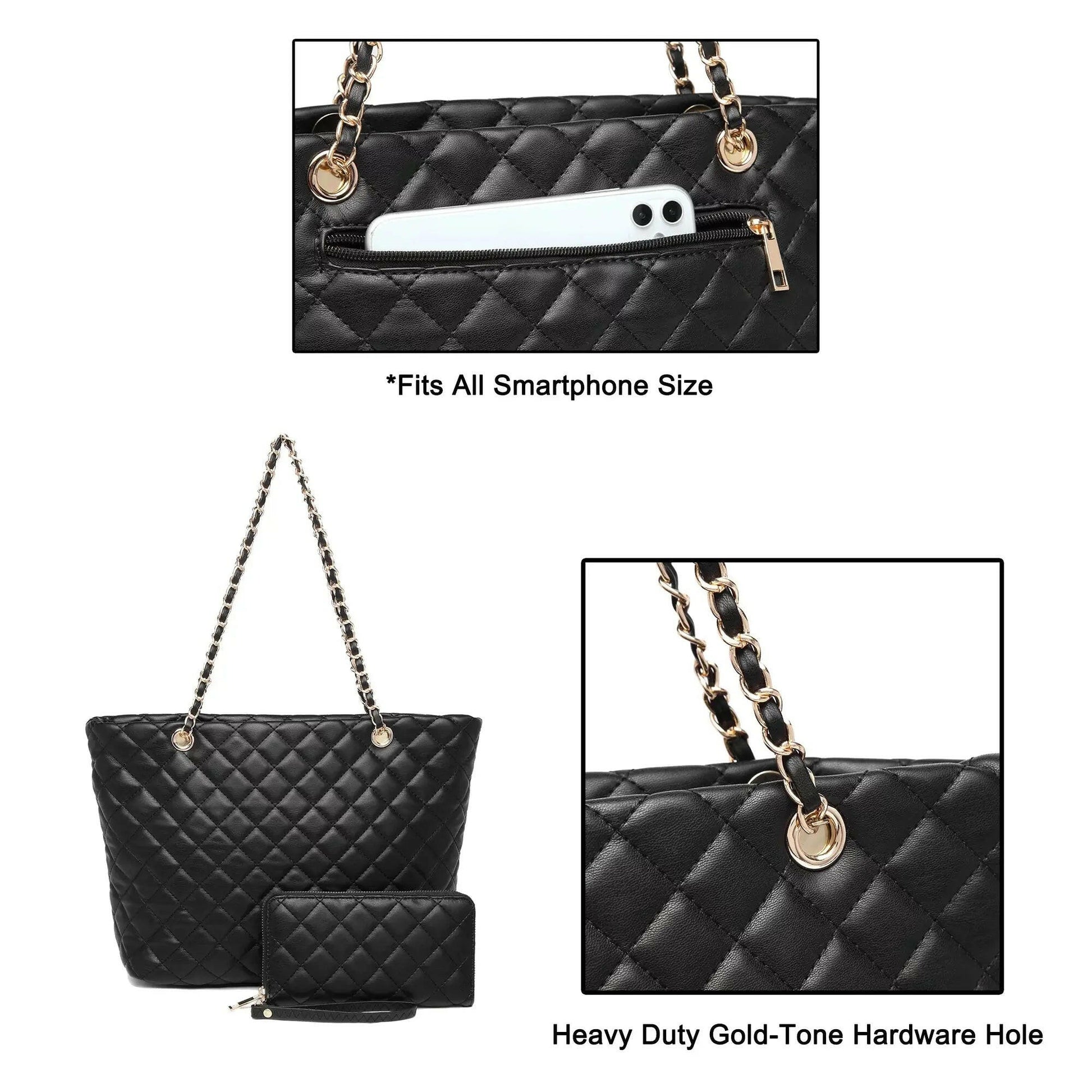 Poppy Quilted Women Handbags Purses Leather Tote Bag Satchel Wallet Set 2Pcs Chain Strap Shoulder Bag Classic - Comfortably chic
